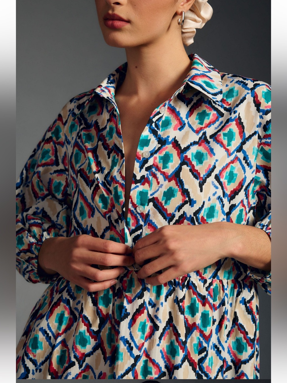 Viral Anthropologie Bettina Tiered Shirt dress. Geometric teal multicolored. Med - Picture 3 of 6